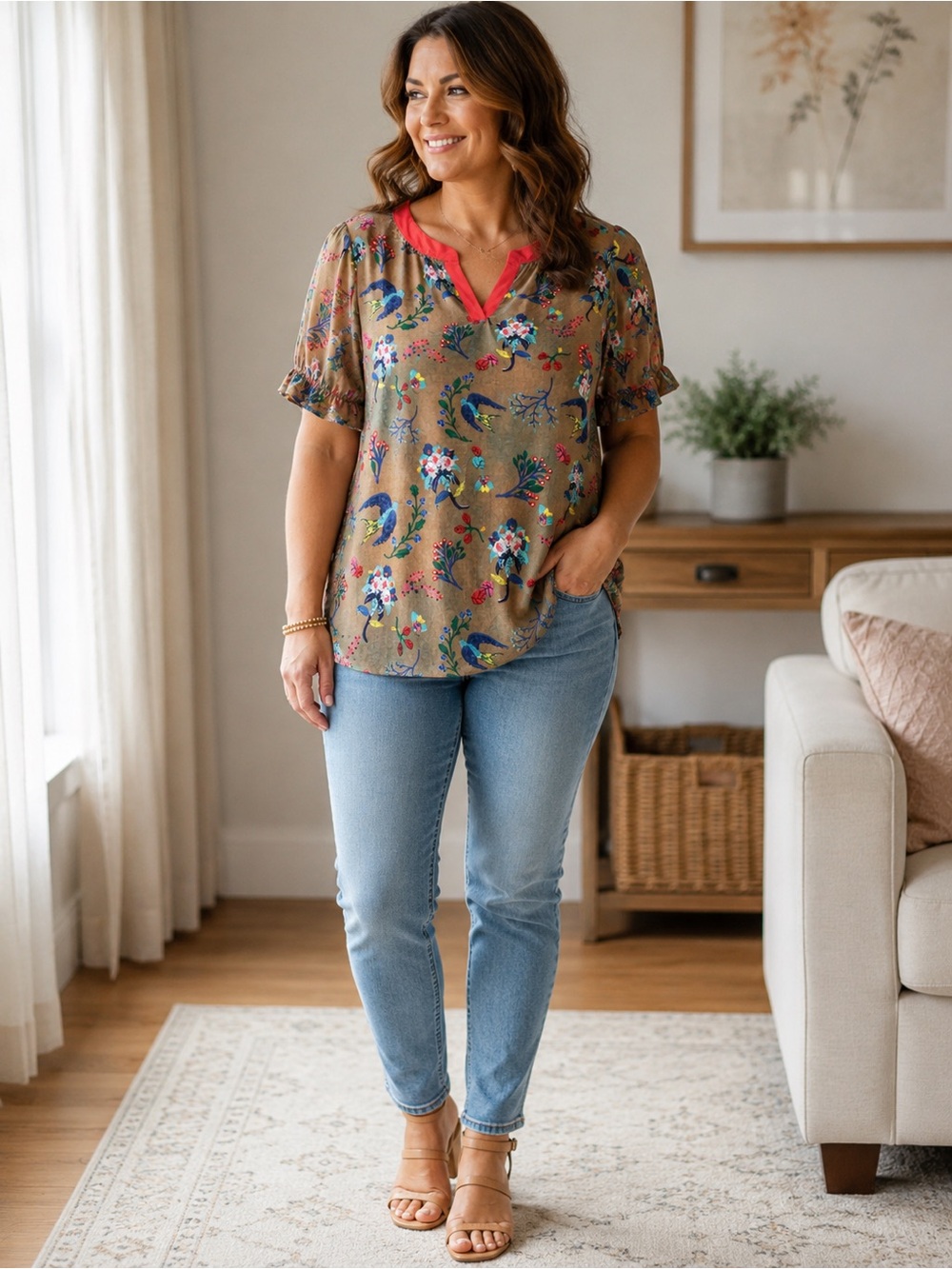 🌿 Ces Femme Boho Floral Bird Print Blouse - Size Large 🌿